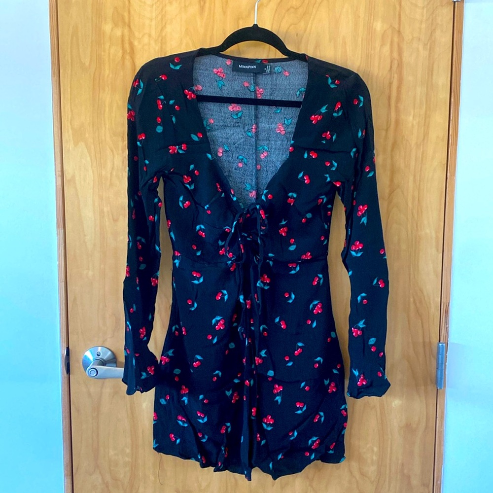 MINKPINK L/S Black Cherry Tie-Front Mini Dress, Small